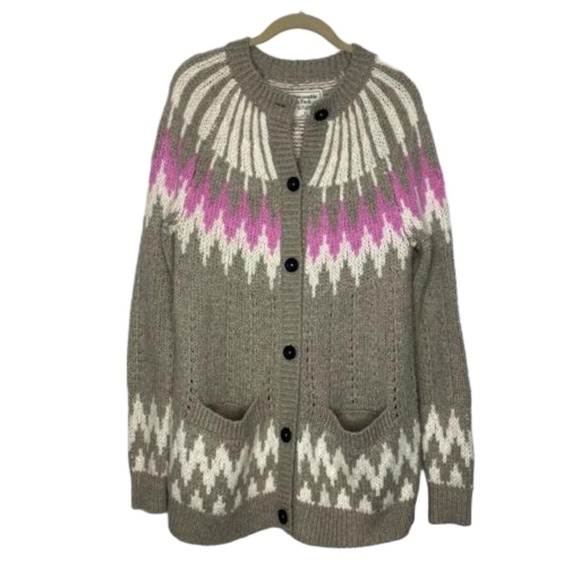 ABERCROMBIE & FITCH Wool Blend Fair Isle Nordic Cardigan Sweater Gray Pink S - Picture 3 of 16